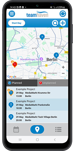 Phone showing map on TeamHaven Mobile app